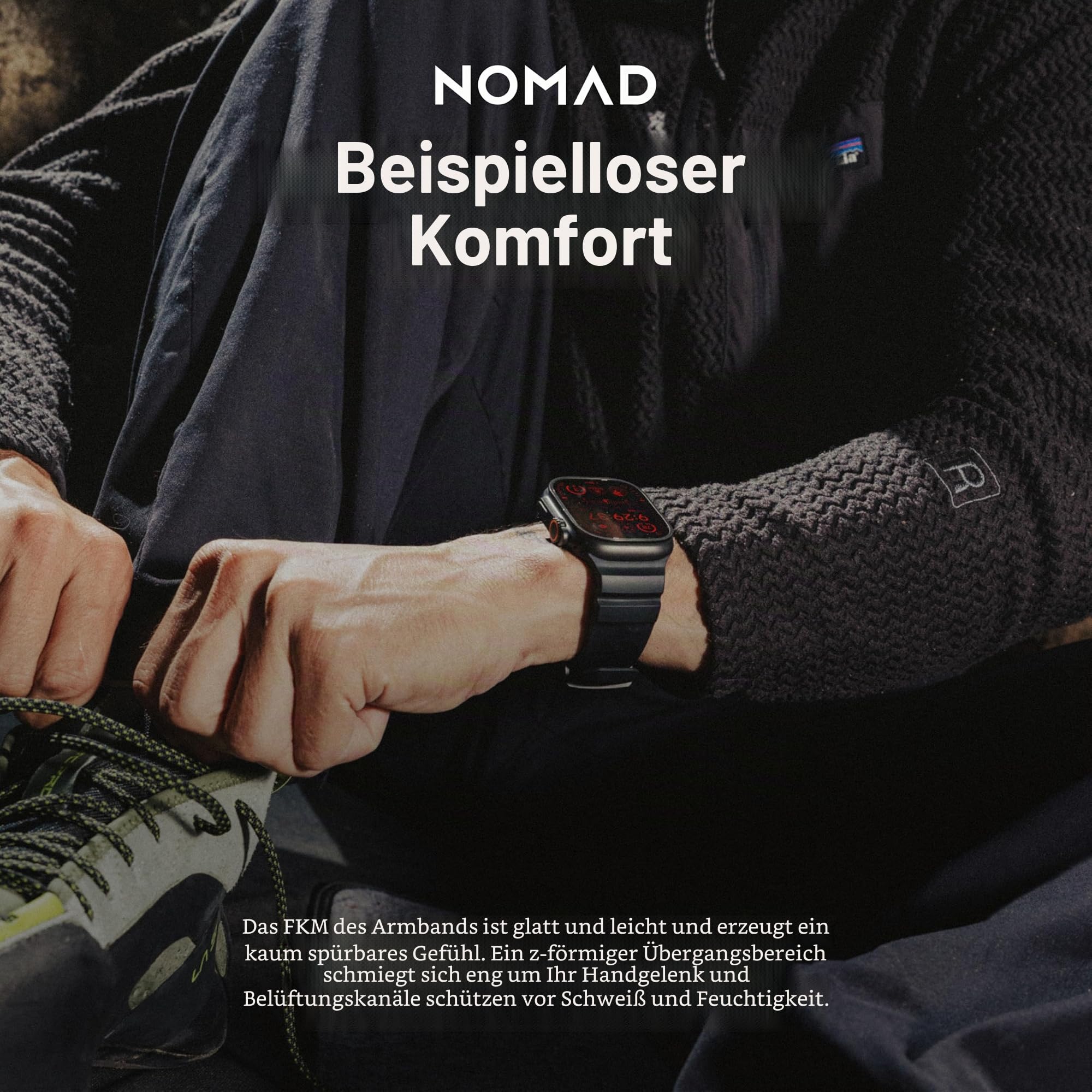 NOMAD Rocky Point Band | für Apple Watch 42/44/45/49 mm |ultimative leistungsstarke Uhrenarmband | Carbon Black Connector Black
