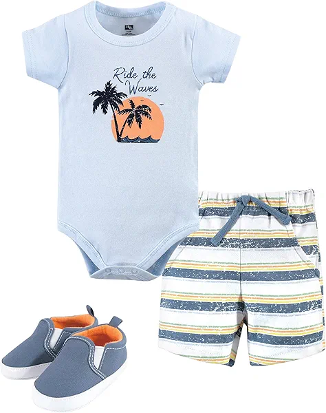 Hudson Baby Unisex Baby Cotton Bodysuit, Shorts and Shoe Set