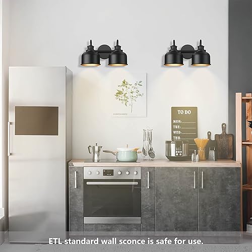 Miniatura 6 de Aplique de pared de 2 luces para baño, con pantalla de metal negro mate, industrial, para dormitorio, cocina, sala de estar, pasillo