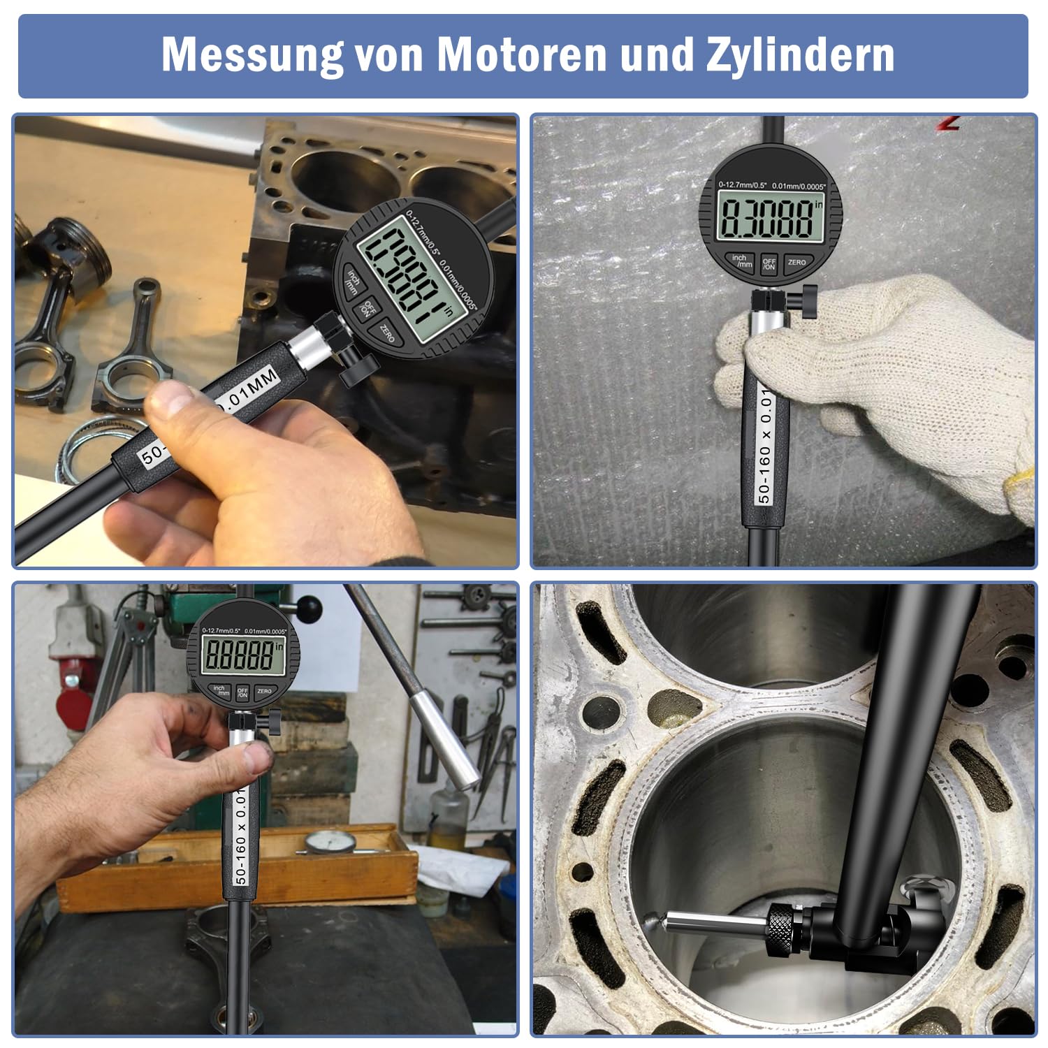 Digital Bohrungslehre Messuhr Set 50-160 mm, Bohrungsmessgerät Messuhr Präzision 0,01 mm, Innendurchmesser Metrisch/Zoll Anzeige mit 12 Messspitzen für Formabweichungen （Schwarz）