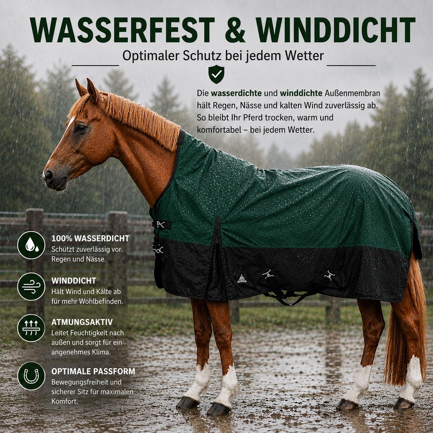 Brama-West Winterdecke Yeti Pferdedecke Turnout 1200D High Neck 50 GMS - Grün/Schwarz - Gr. 145