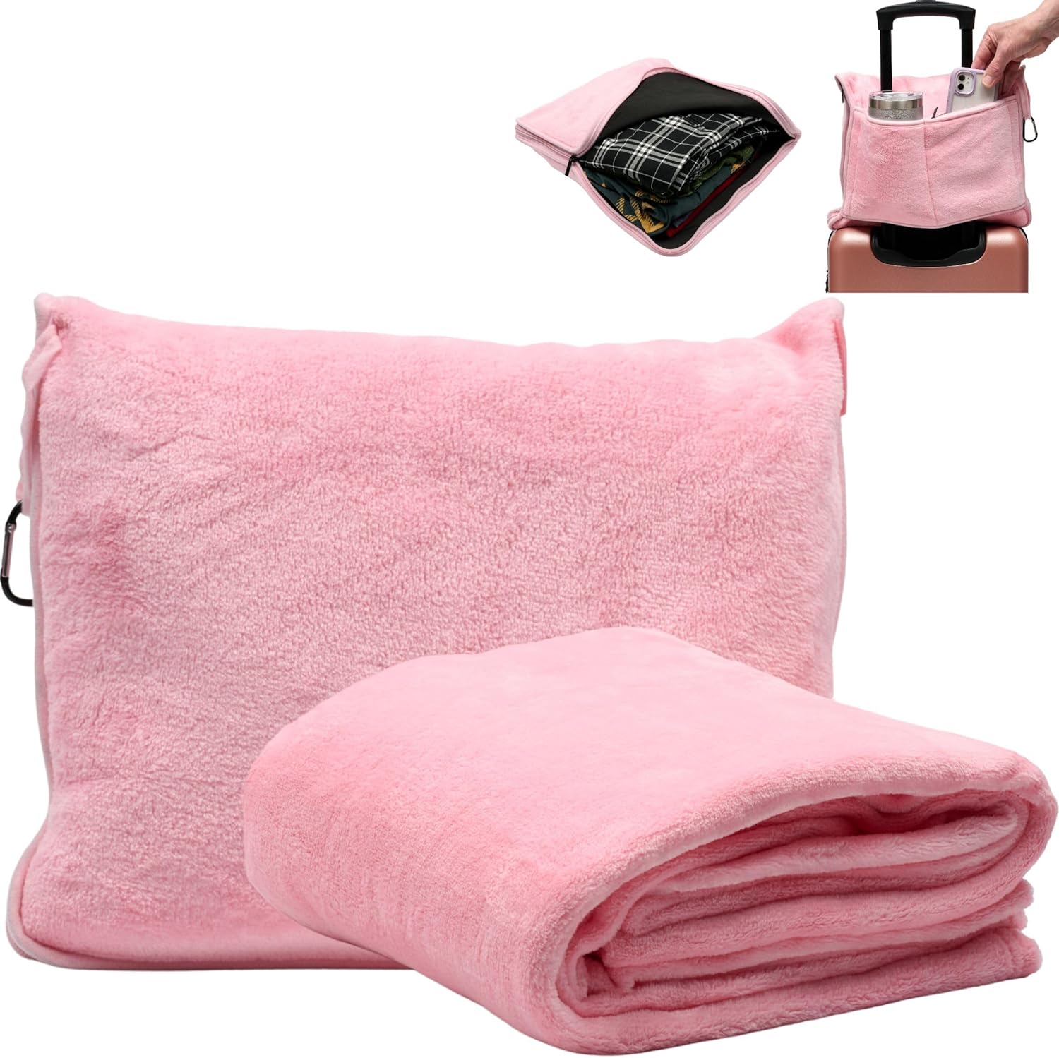 TAKE Off Travel Pillow and Blanket Set with Water Bottle Pockets and Zippered Storage for Travel Essentials – Compact Fleece Throw in a Soft Pillow Case with Luggage Sleeve. Fits 3 Days of Clothes