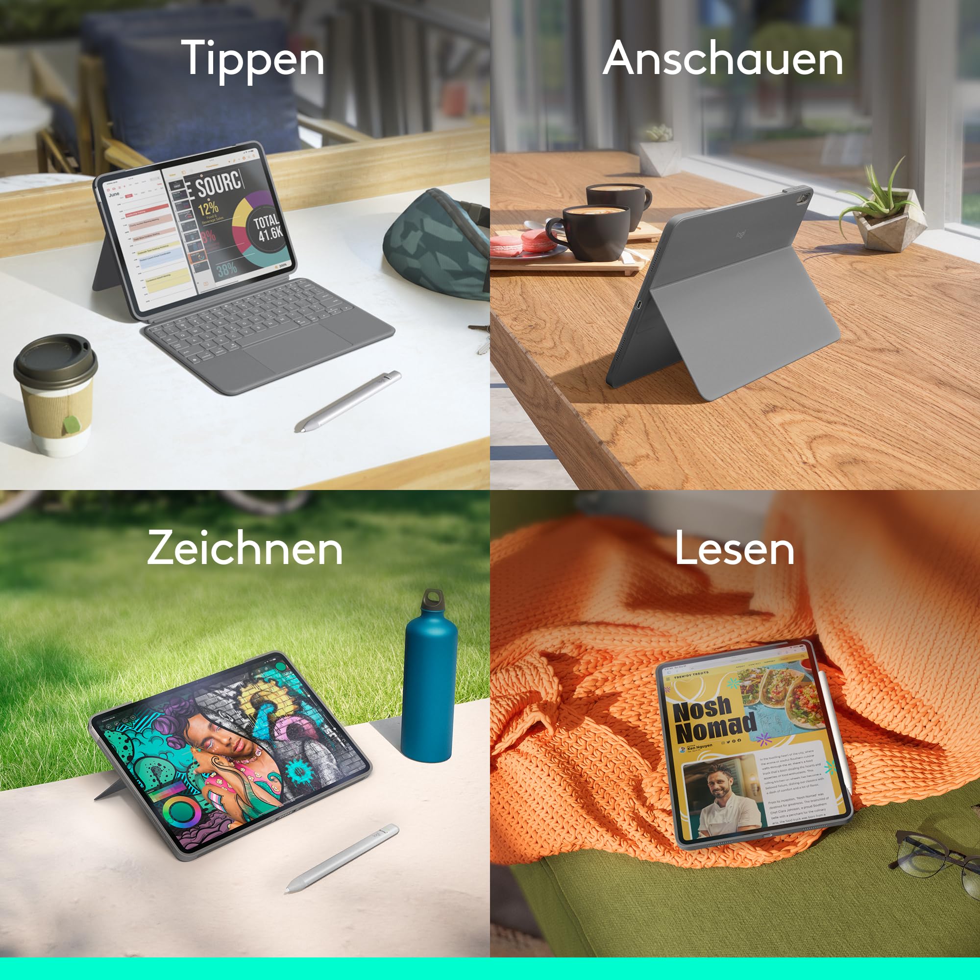 Logitech Combo Touch Tastatur-Case für iPad Air 11 Zoll (M2, M3, M4), abnehmbare Tastatur mit Hintergrundbeleuchtung, Deutsches QWERTZ-Layout, Grau