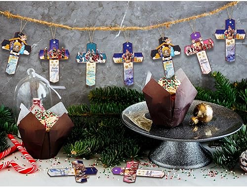 Miniatura 5 de Amyhill 24 piezas de adorno colgante de escena de pesebre de cruz, adornos de Navidad cristianos, adornos de madera a granel, decoración del