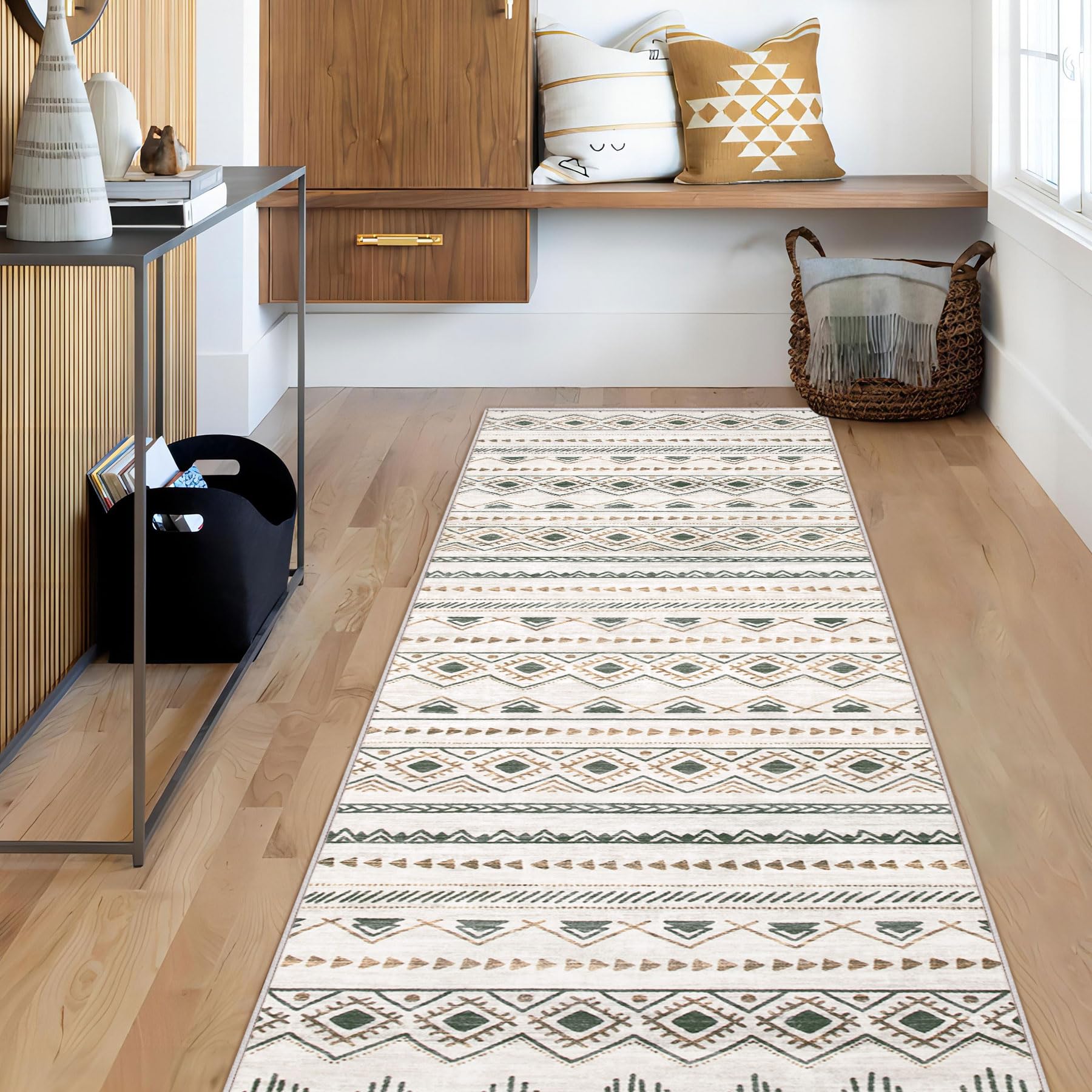 Runner Rug 2x5 Boho Geometric Area Rugs: Small Washable Kitchen Entryway Rug, Soft Non Slip Moroccan Long Hallway Rugs for Bedroom Bathroom Laundry Entryway Staircase Foyer(Brown Green,2'x5')