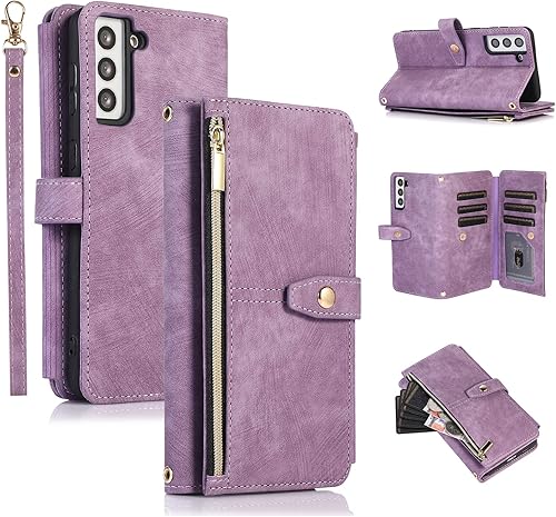 UEEBAI Funda para Samsung Galaxy S21 Plus 5G, 9 ranuras para tarjetas, cartera de cuero retro a prueba de golpes, con correa de mano, ranuras para