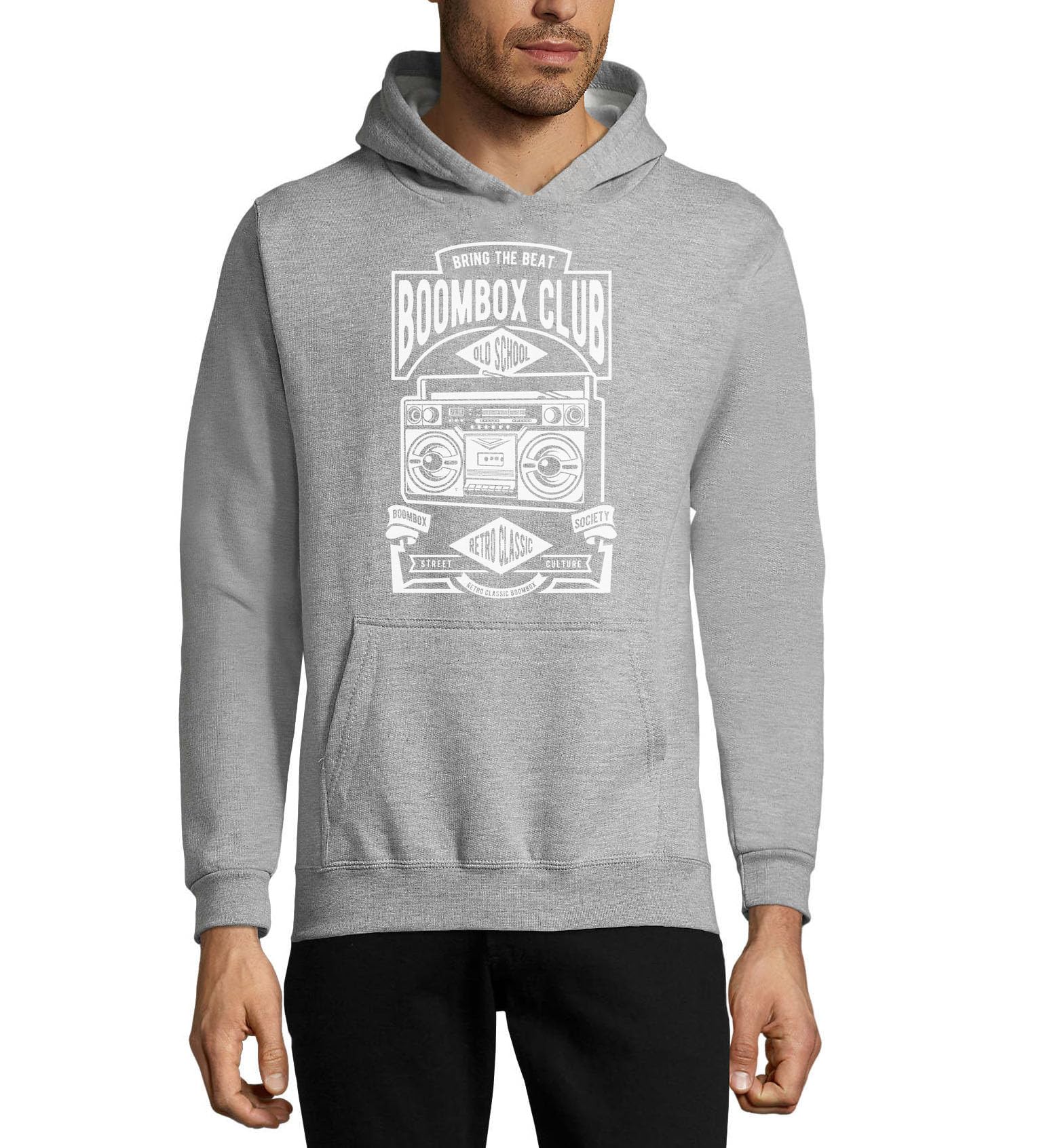 Boombox Club Old School Bring The Beat Sweat à Capuche Unisexe en mélange de Coton Gris