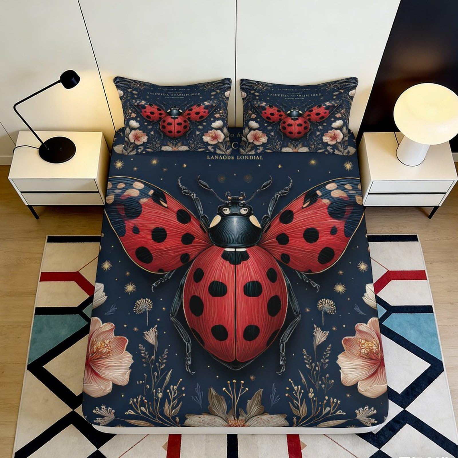 3D Printed Ladybug Pattern Fitted Sheet Microfiber Soft Durable Floral Design Mattress Cover for Bedroom Dormitory Guest Room Bed Protection 200x200x25cm