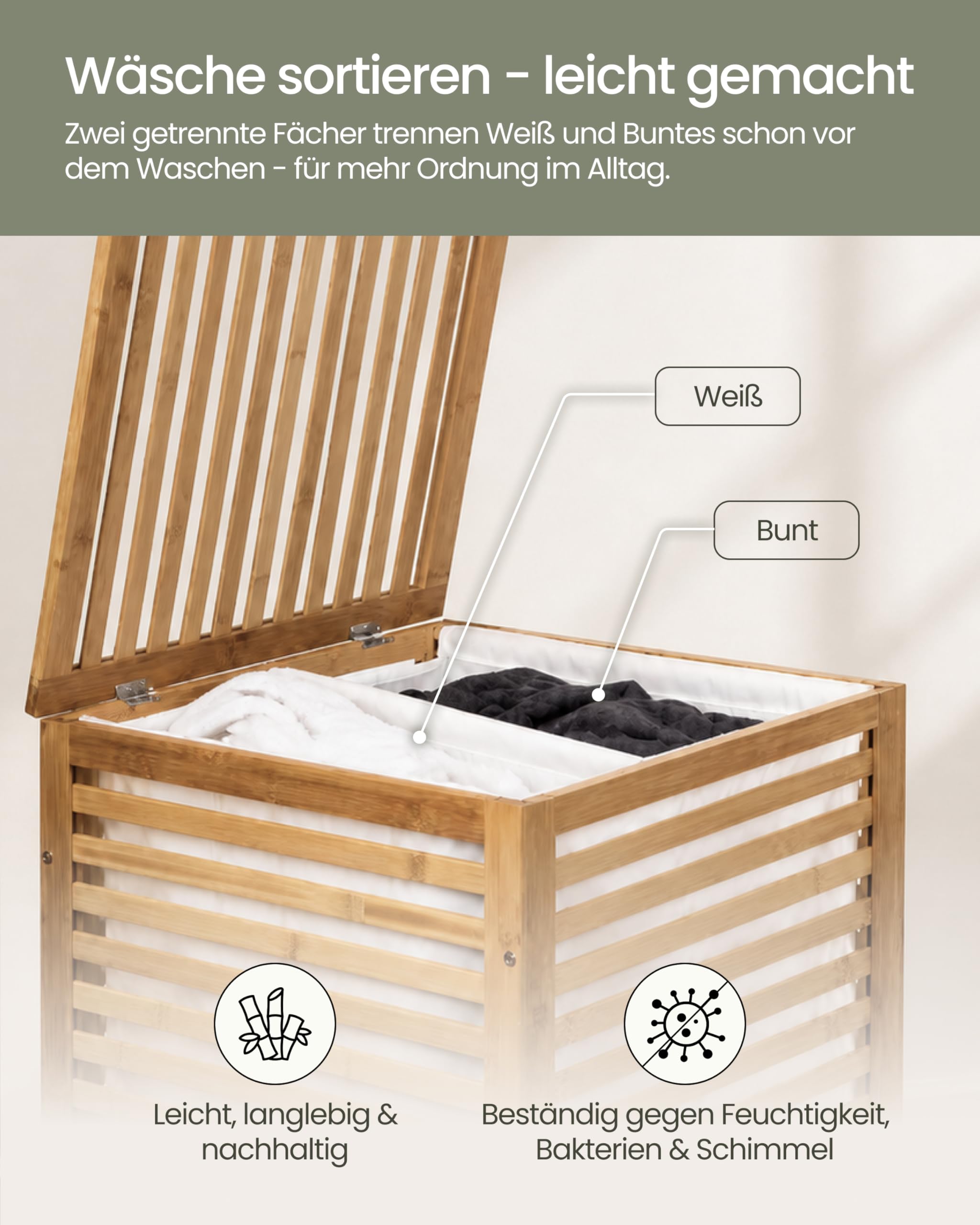 G21 Bambus Wäschekorb mit Deckel 80L 2 Fächer, Stabiler Wäschesammler mit Henkel, Großer Wäschekorb mit herausnehmbarem maschinenwaschbarem Wäschesack - laundry basket