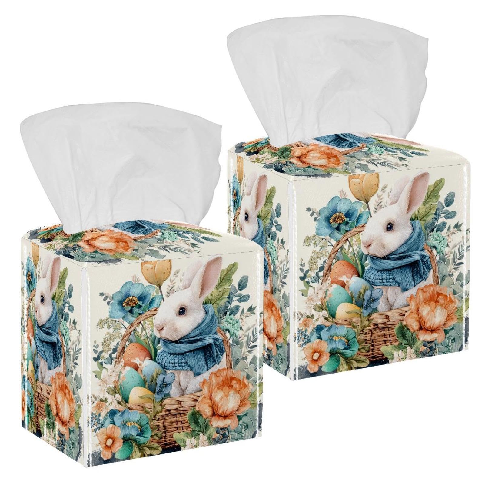 Rabbit and Flowers Tissue Box Cover, 2 Pack PU Leather Square Facial Tissue Dispenser Box holder for Home Office Car