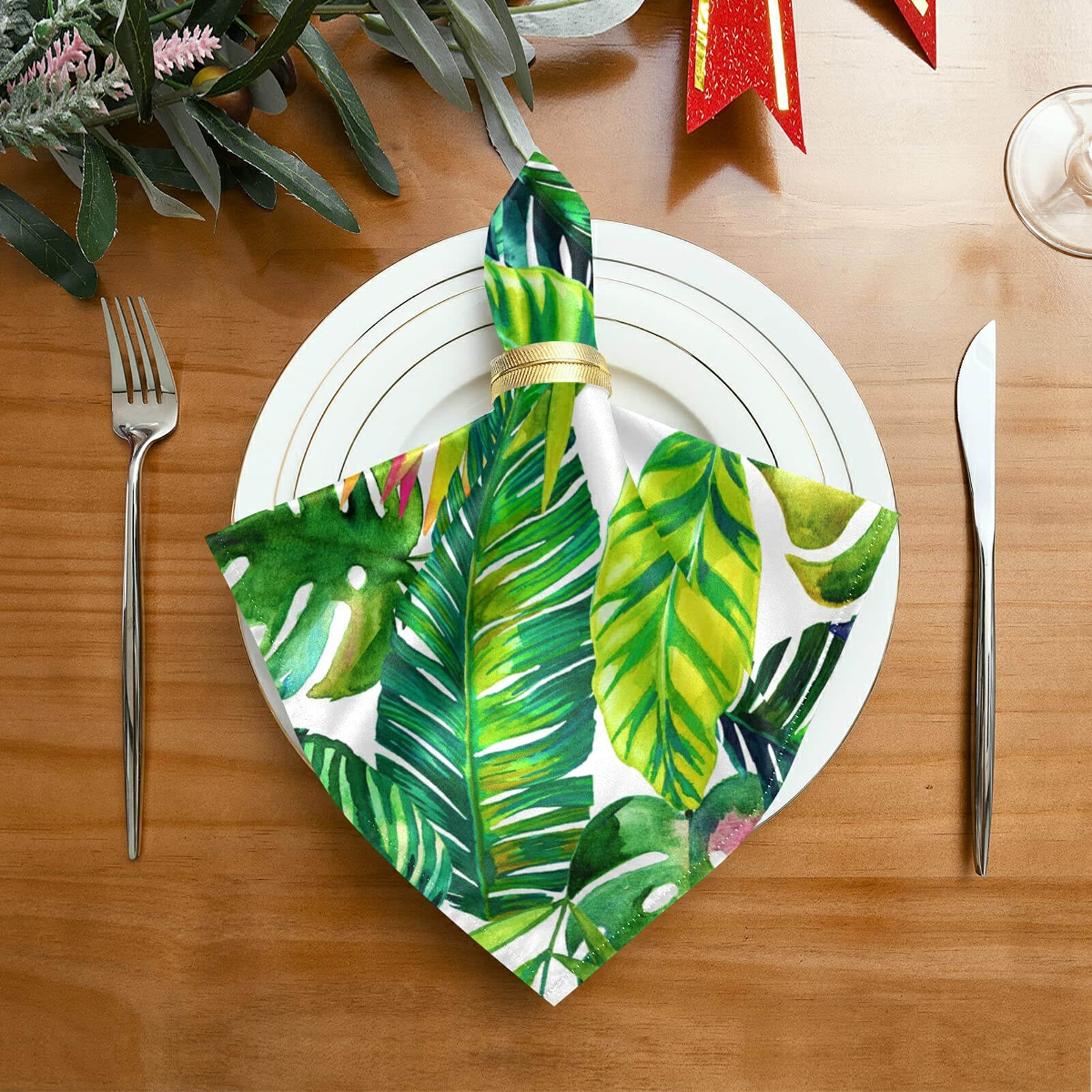 AUUXVA Tropical Beach Palm Leaves Cloth Napkins Set of 6, Washable Dinner Napkins Kitchen Table Napkins for Family Dinner Weddings Party Restaurant 20 x 20 in