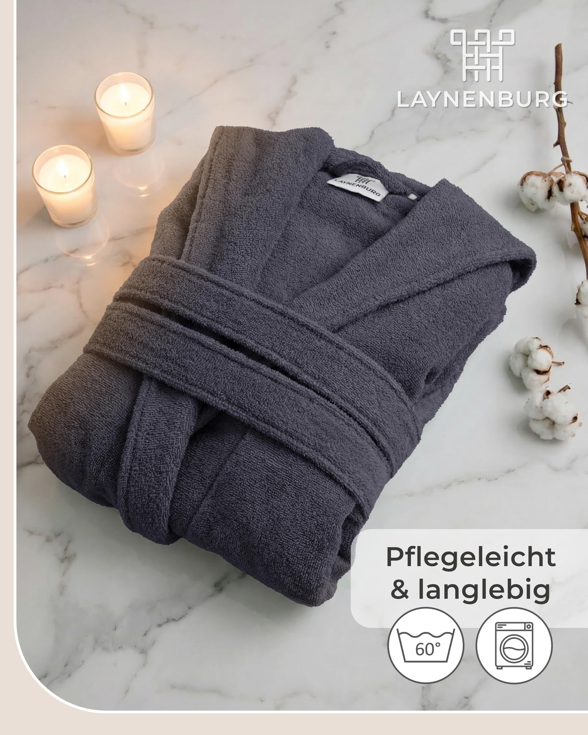 LAYNENBURG Bademantel Herren Frottee aus 100% Baumwolle - OEKO TEX Standard - weicher Morgenmantel waden-lang mit Kapuze, Bindegürtel und aufgesetzten Taschen - Ideal für Sauna & Zuhause (M-XXXL)