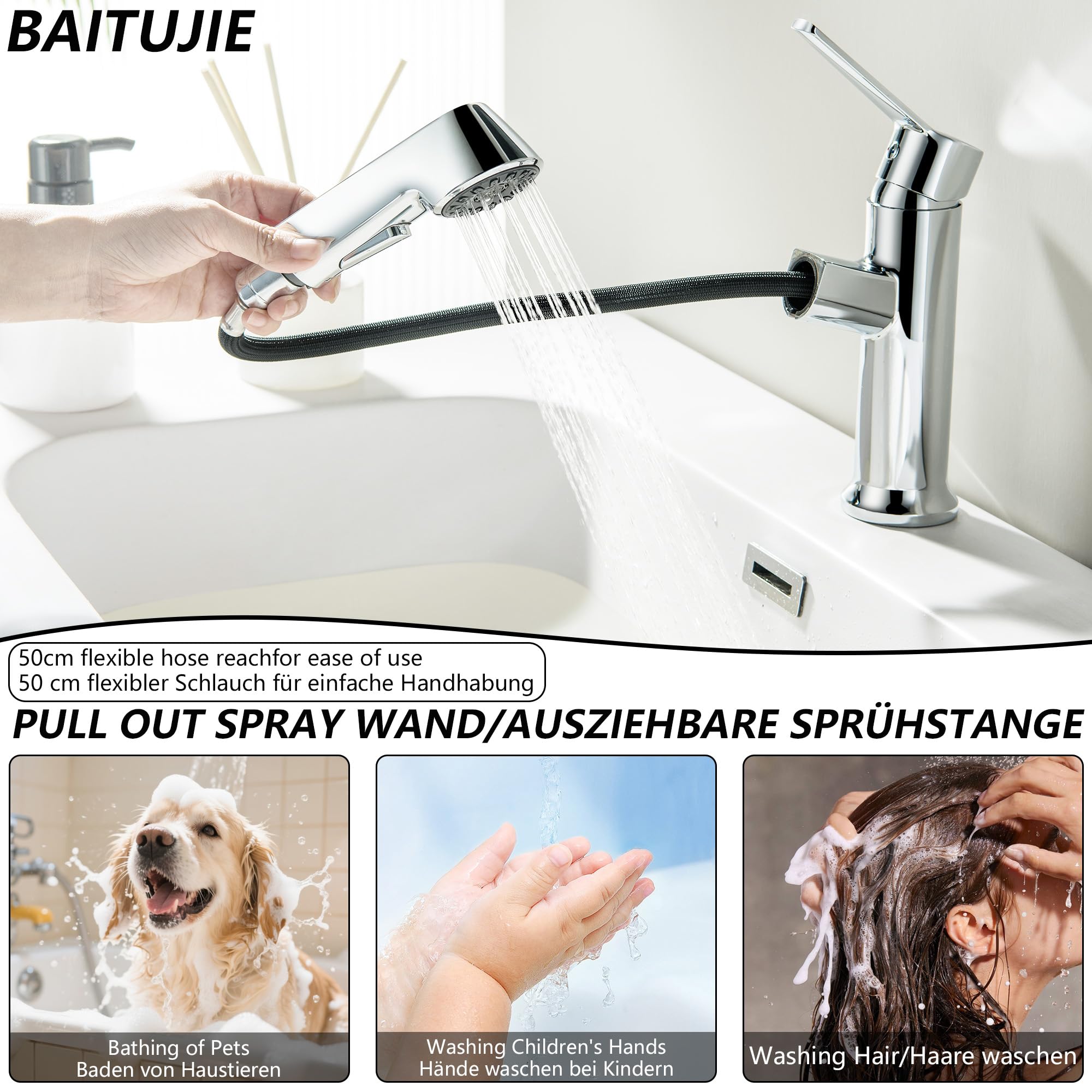 Waschtischarmatur ausziehbar mit Brause, Moderne Wasserhahn Bad Armatur mit 2 Strahlarten, Badarmatur Waschbecken Einhebelmischer für Badezimmer, Chrom