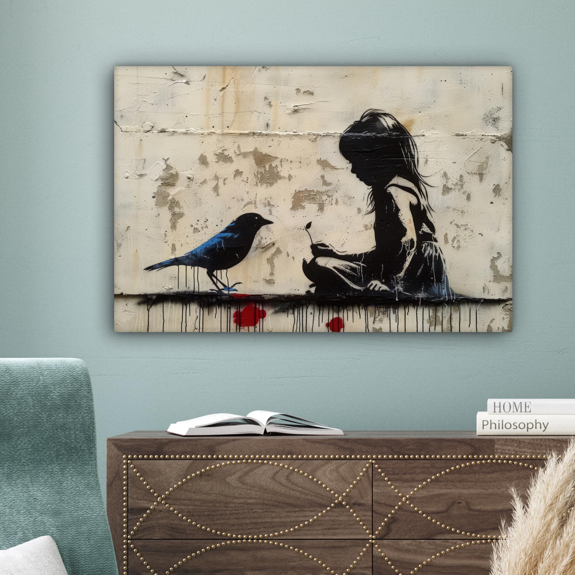 Banksy MuchoWow Tableau Mural 60x40 cm Toile Street Art Fille Oiseau Graffiti