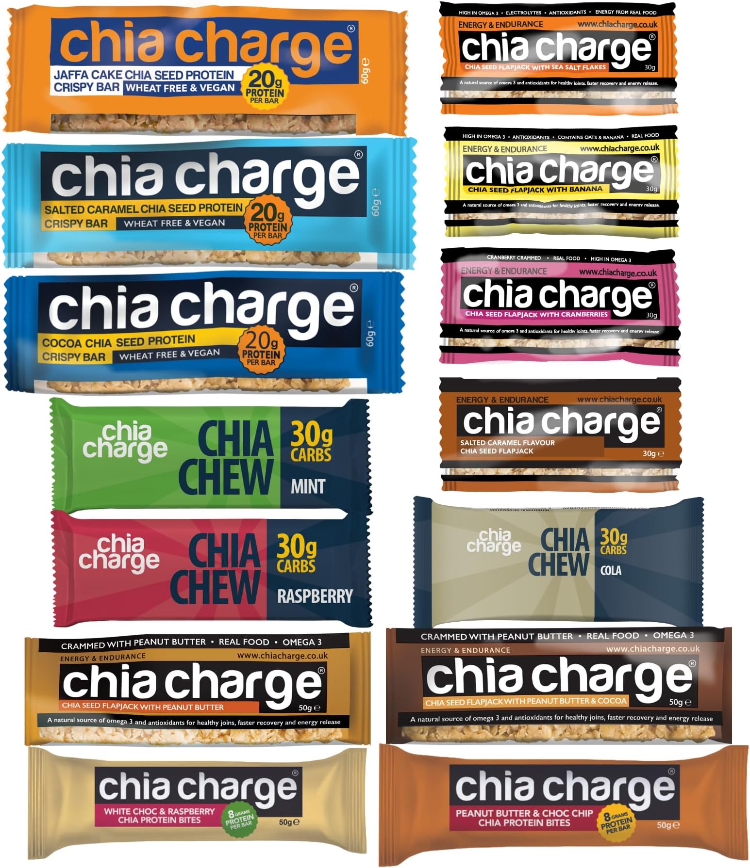 CHIA CHARGE Healthy Snack Protein Bars - Premium Sample Pack - Yorkshire Bakery- 14 of The Best 20g Protein Bars & Energy Packs (Premium Sample Pack - 14 Protein & Energy Packs)