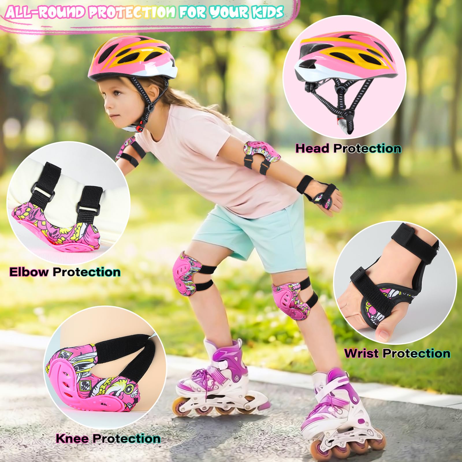 Casco Bici per Bambini Protezioni Set Casco Regolabile con Ginocchiere Gomitiere e Polsiere per Ciclismo Roller Scooter Skateboard Bici 52-58 cm Adatto a bambini 3-12 anni
