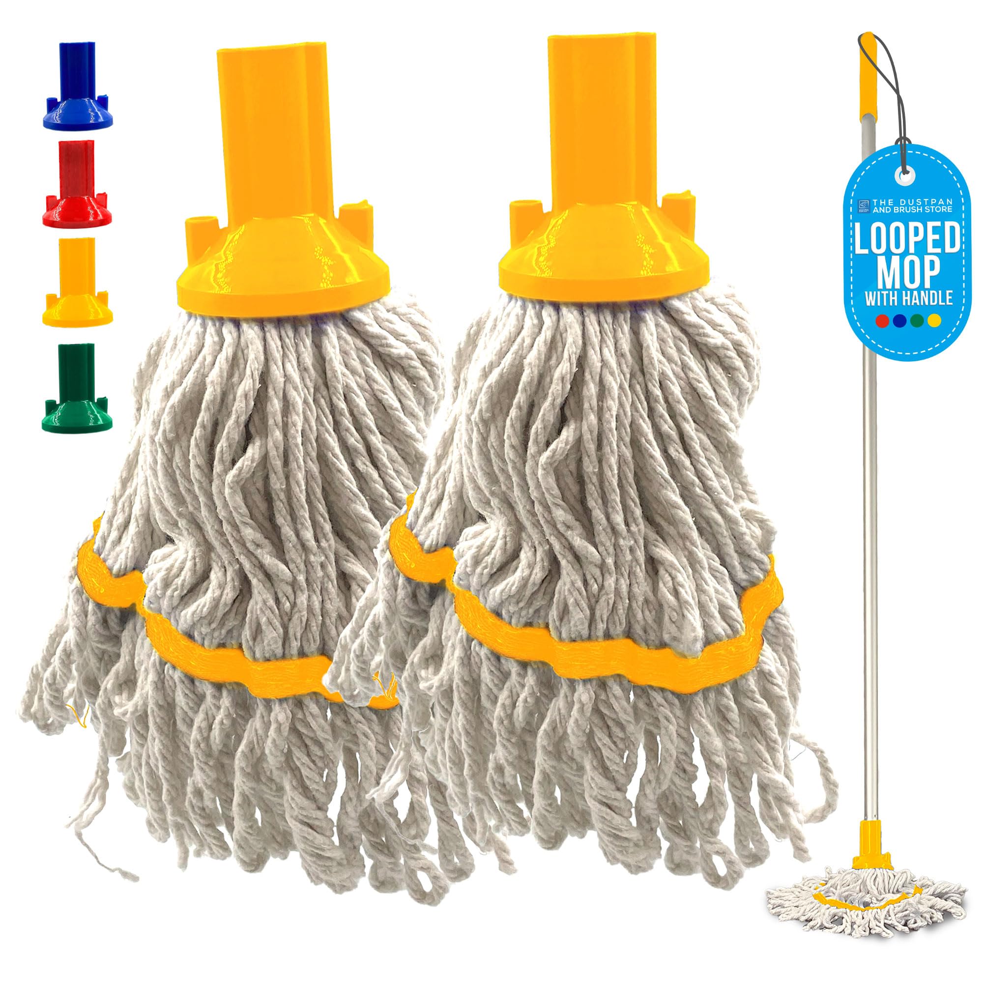 Tdbs The Dustpan And Brush Store Yellow Commercial Mops For Cleaning Floors With Mop Handle - Looped Cotton Mop Heads With Absorbent Yarn, 120Cm Heavy Duty Aluminium Handle, Floor Color Coded Hygiene Cleaning Head Pack Of 2