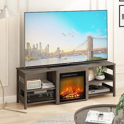 Miniatura 2 de Furinno Soporte clásico de TV de 70 pulgadas con chimenea, roble rústico