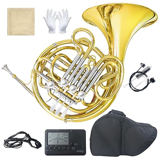 Double French Horn (Fb/Bb) 4 Keys Gold Lacquer - Intermediate Brass Instrument with Case, Mouthpiece and Cleaning Kit - Complete Accessory Kit for Concert Band and Solo Performance (Gold)