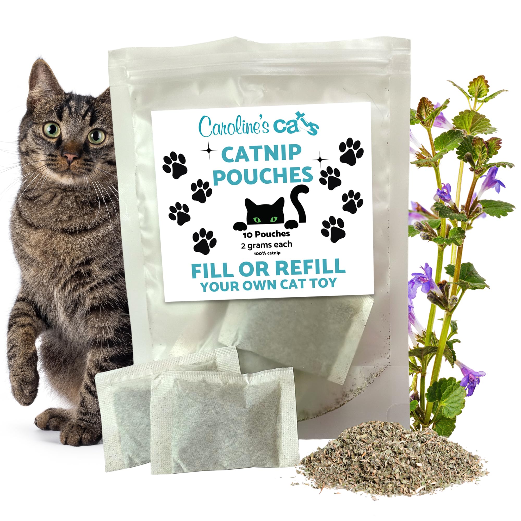 Organic Catnip Refill Packets for Cat Toys – 10 Potent Catnip Pouches for Flapping Bird, Flopping Fish & Interactive Toys – No-Mess Catnip Tea Bags for Cats – Long-Lasting &