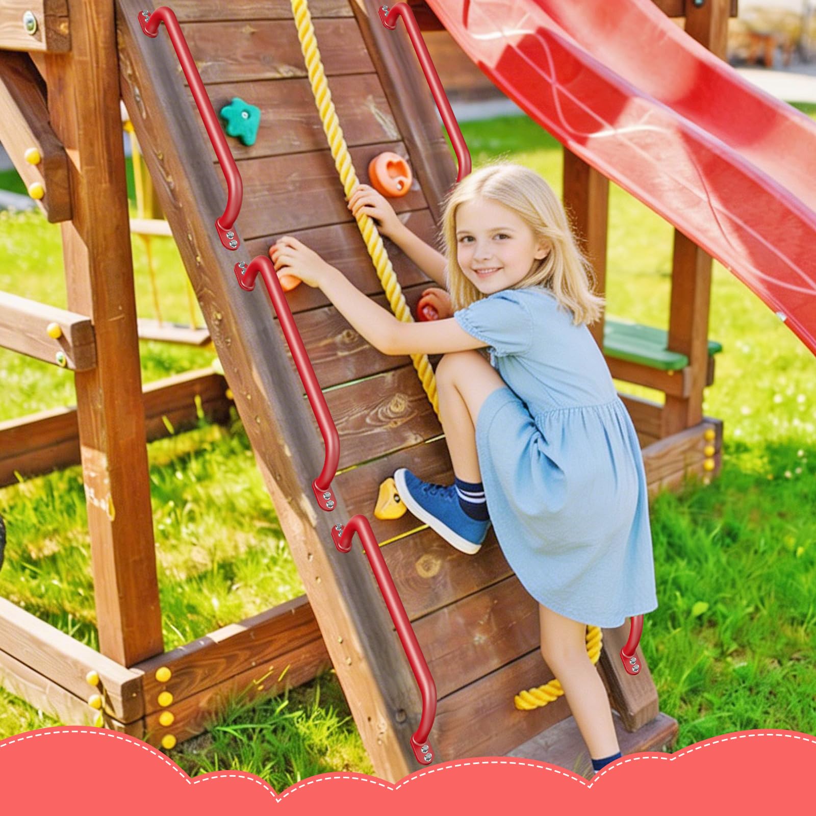 Dolibest Haltegriffe Kinder Klettergiffe Hangelgriffe 73cm/Flache Rot | Klettergerüst Spielplatz Schaukel Monkey Bar Sprossenwand Kletterleiter Treppenhandlauf WC Bad Dusche,159kg,Φ2.5cm,2er