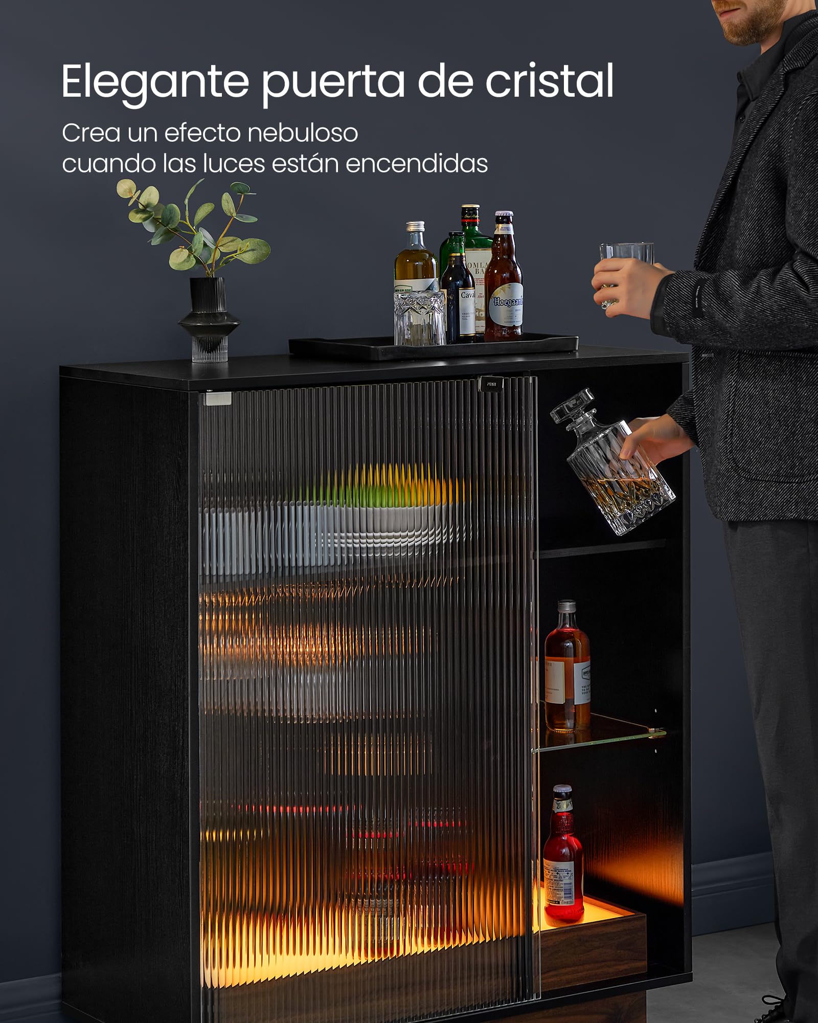 VASAGLE Aparador, Armario Bar Vino con Luces LED, con Almacenaje para Vino, Bar Café Licor, con Portavasos, Puerta de Vidrio Acanalado, para Sala de Estar, Negro Ébano BBK361B21