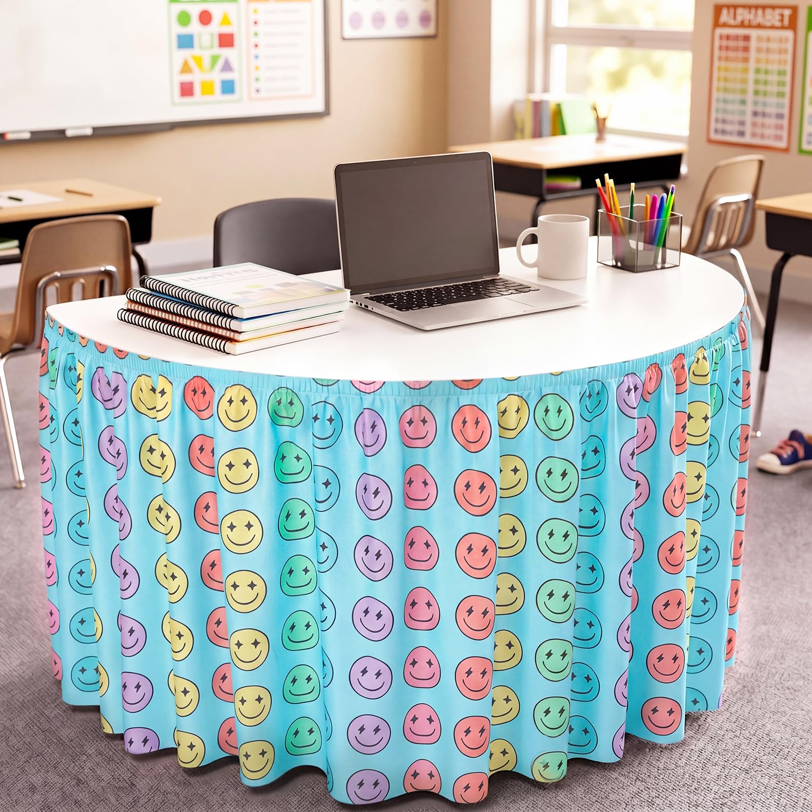 Oudain 14 ft Smiling Face Table Skirt Cloths for Teacher Desk Cartoon Wrinkle Smiling Face Table Cover Skirt for Kindergarten Classroom Kidney Shaped Desk Back to School Supplies