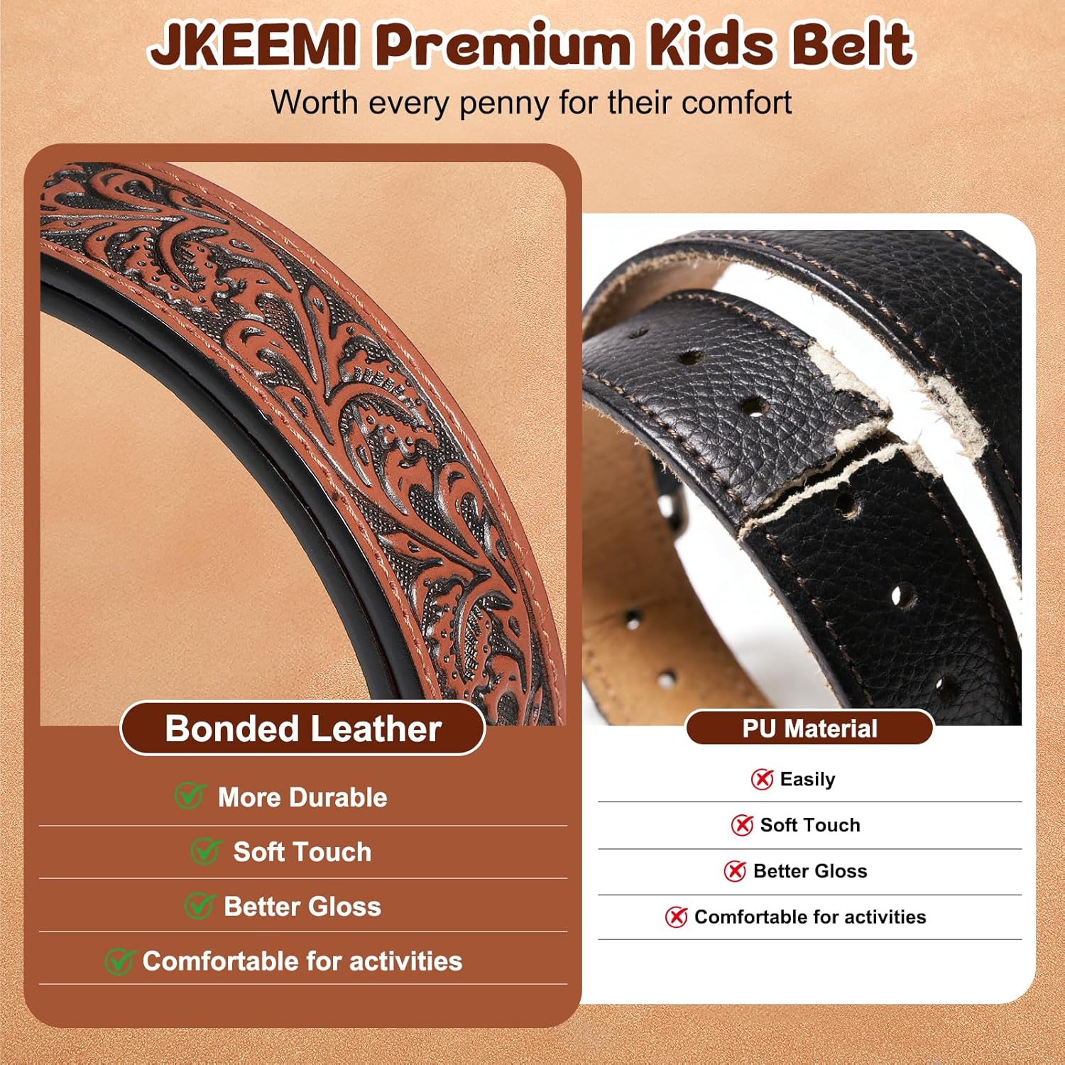 Kids Western Belt, 1.1'' Width Girls Boys Cowboy Leather Belt with Vintage Buckle & Floral Curved - for Jeans Dresses