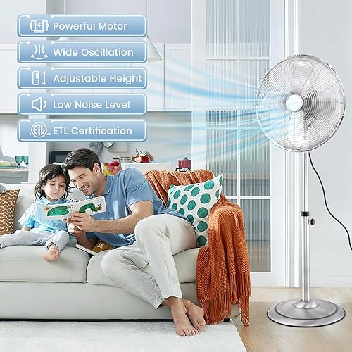 Miniatura 3 de COSTWAY Ventilador de pedestal de metal, ventilador silencioso de alta velocidad de 16 pulgadas, ventilador oscilante de 75 con altura ajustable, 3