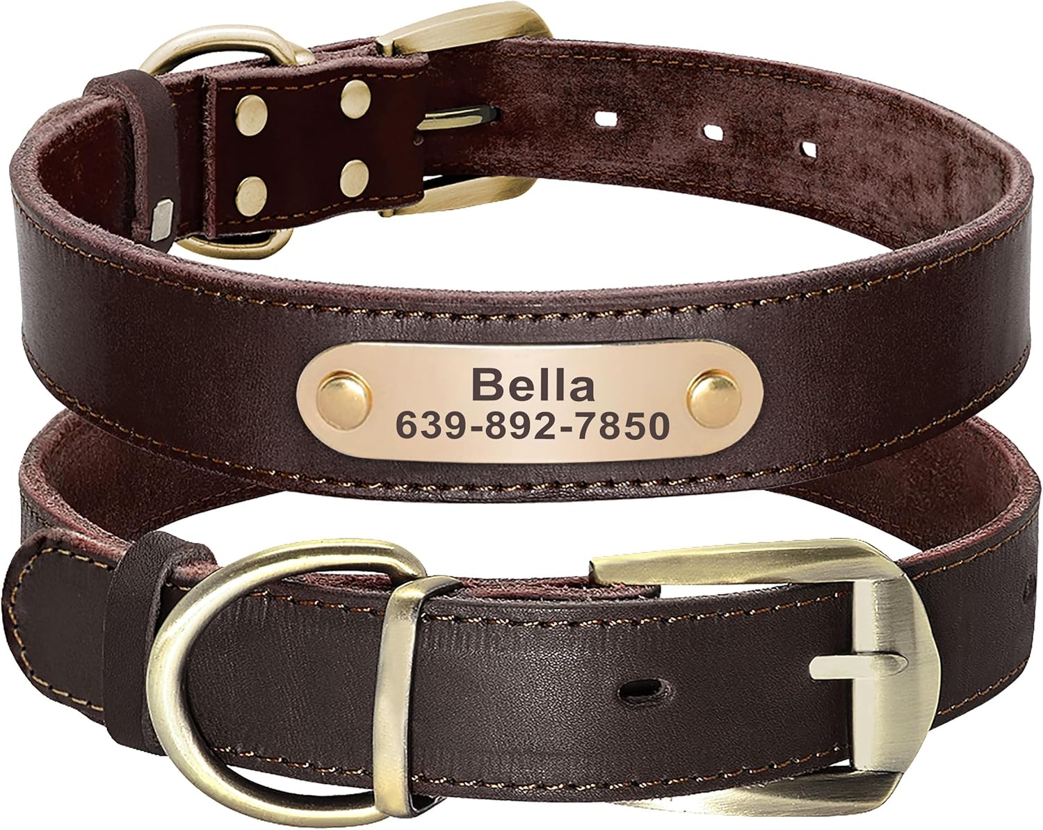Didog Genuine Leather Dog Collars with Engraved Nameplate, Personalized Soft Leather Dog Collar with Custom ID Tag, Brown/Green/Red for Medium Large Dogs
