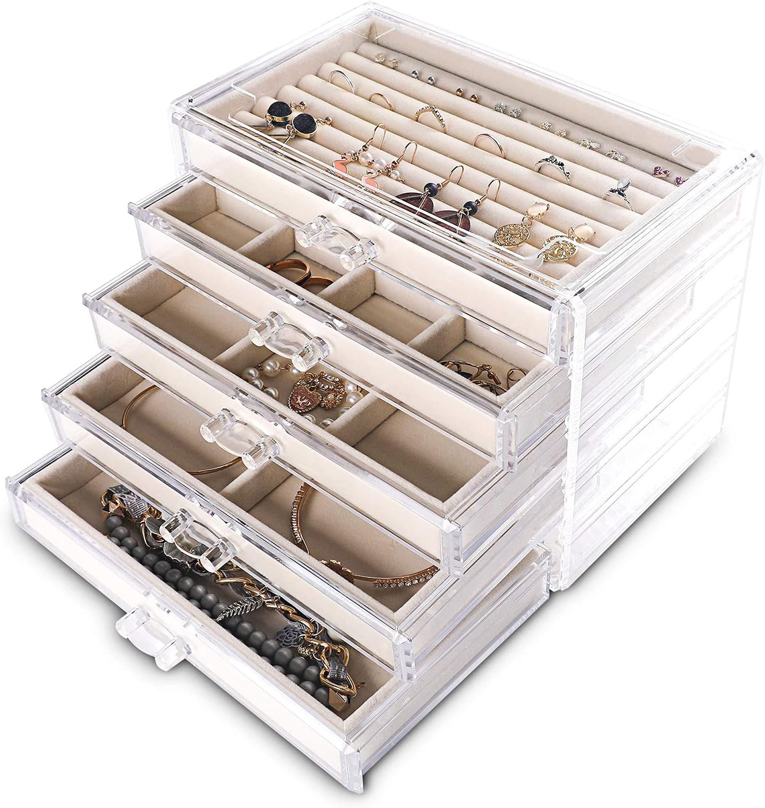 YUMO Acrylic Jewelry Box with 5 Drawers, Removable Divided Velvet Jewelry Organizer, Earring Rings Necklaces Bracelets Display Case Gift for Women Girls