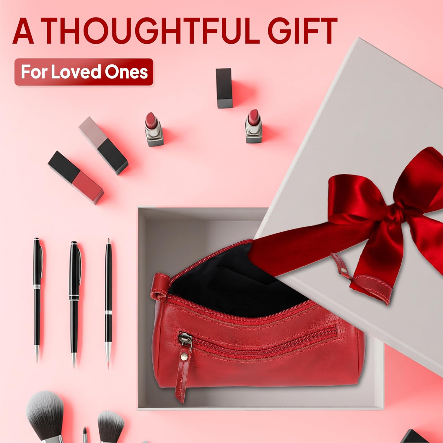 Leather Makeup Bag for Women – Genuine Leather Cosmetic Bag Travel, Handmade Zippered Makeup Pouch, Small Toiletry Bag, Shaving Kit & Stationery Organizer- Red - Image 7