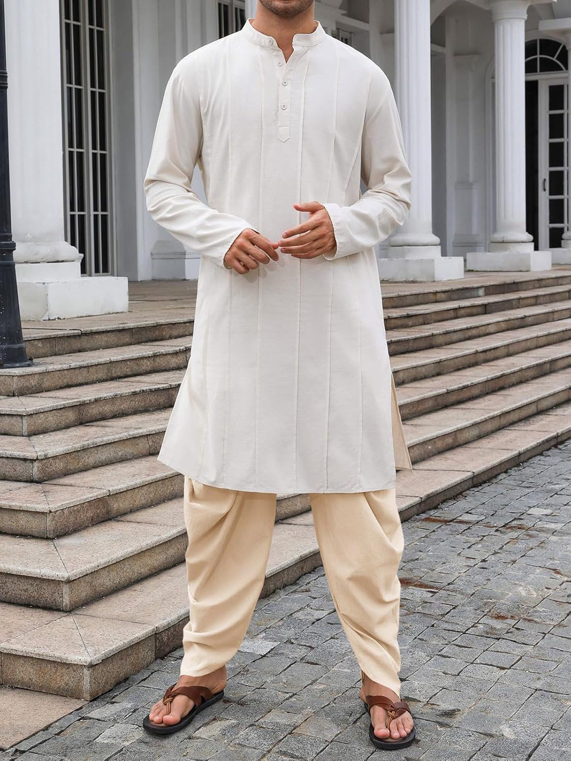 PASLTER Mens Kaftan Linen Cotton Pants Casual Kurta Elastic Waist Harem Baggy Yoga Pants Loose Fit Boho Hippie Trousers - Image 4