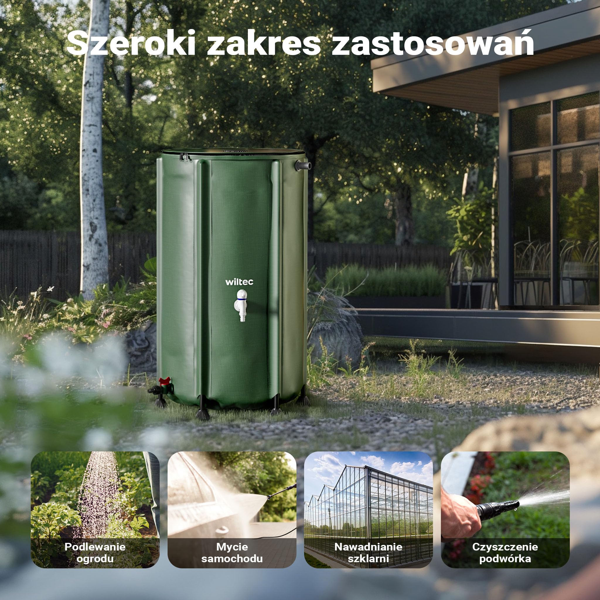 Wiltec Zbiornik na deszczówkę o pojemności 250 l, średnicy 60 cm i wysokości 88 cm, z pokrywką i kranem, beczka składana z tkaniny PVC 1000D na wodę