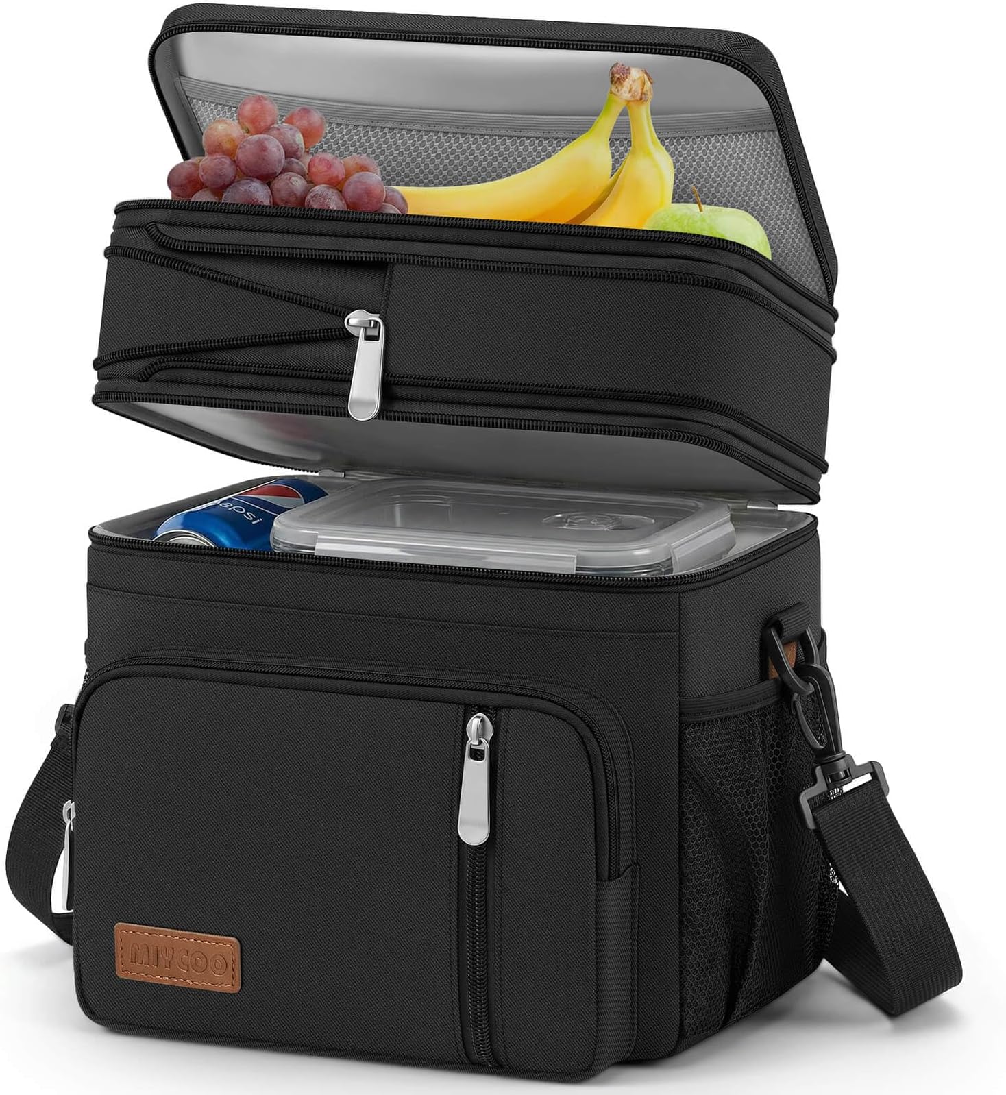 MIYCOO Lunch Bag & Lunch Box for Men Women Double Deck - Leakproof Insulated Soft Large Adult Lunch Cooler Bag for Work Picnic (Black,15L)
