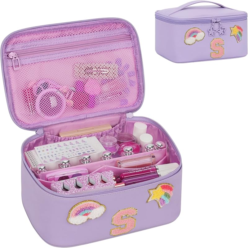Necessaire de maquiagem OCHEAL roxa com estampa de arco-íris, zíper e bolso interno – B260419, tamanho S