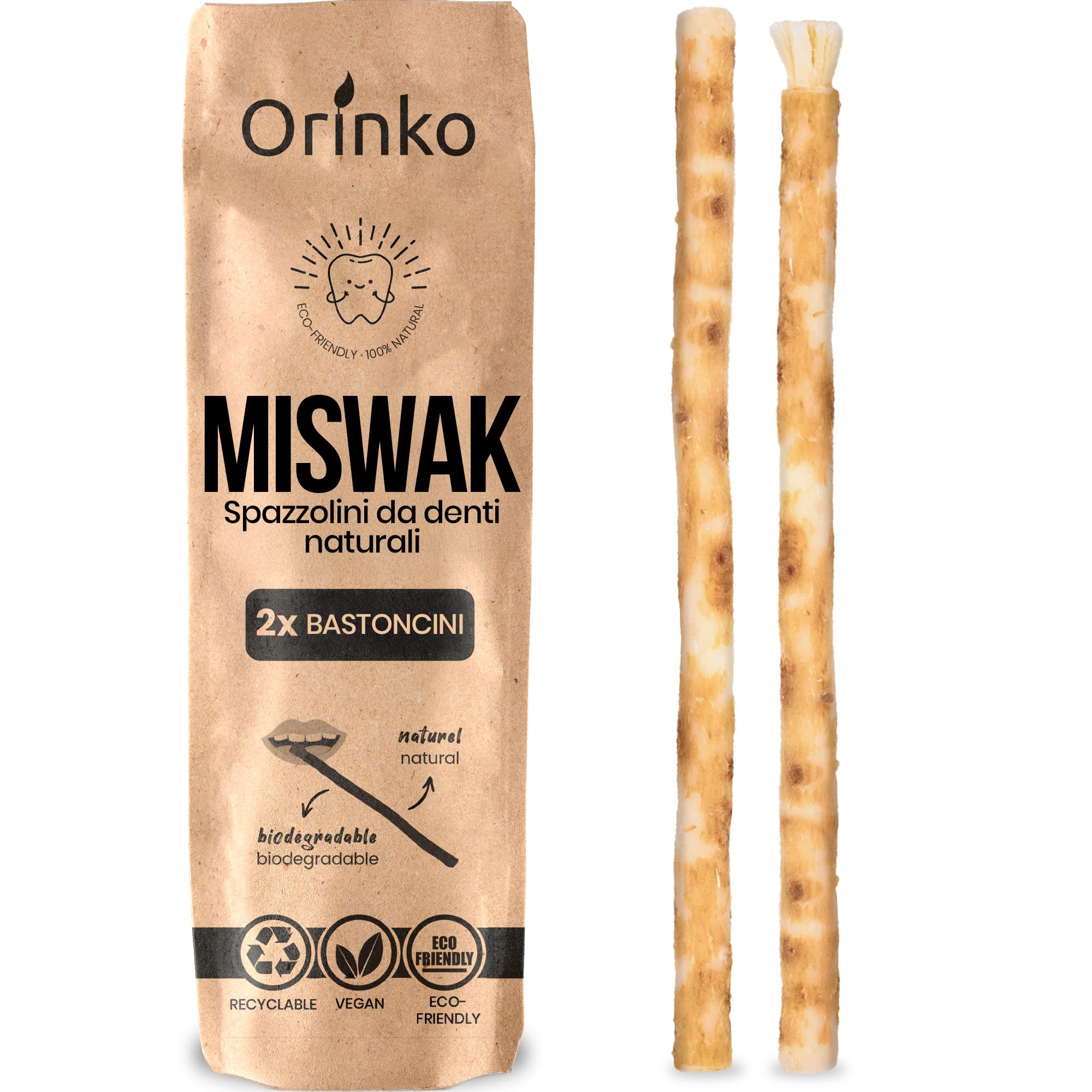 ORINKO® Siwak per Denti Naturale x2 - Spazzolino Ecologico per Pulizia e Sbiancamento Denti - Miswak Africano per Cura Naturale - Bastoncini di Araak per Igiene Orale - Alternativa Sostenibile