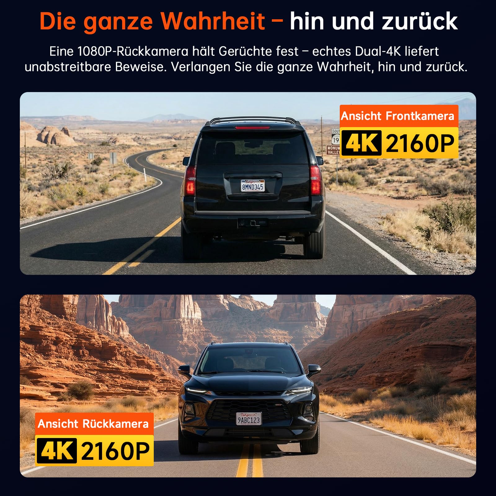 Dashcam Auto Vorne Hinten 4K+4K, WiFi Dash Cam mit 64GB SD-Karte | 3,2'' Bildschirm, Super Nachtsicht, WDR, G-Sensor, 24/7 Parküberwachung, Loop-Aufnahme, APP Steuerung, Max 256G