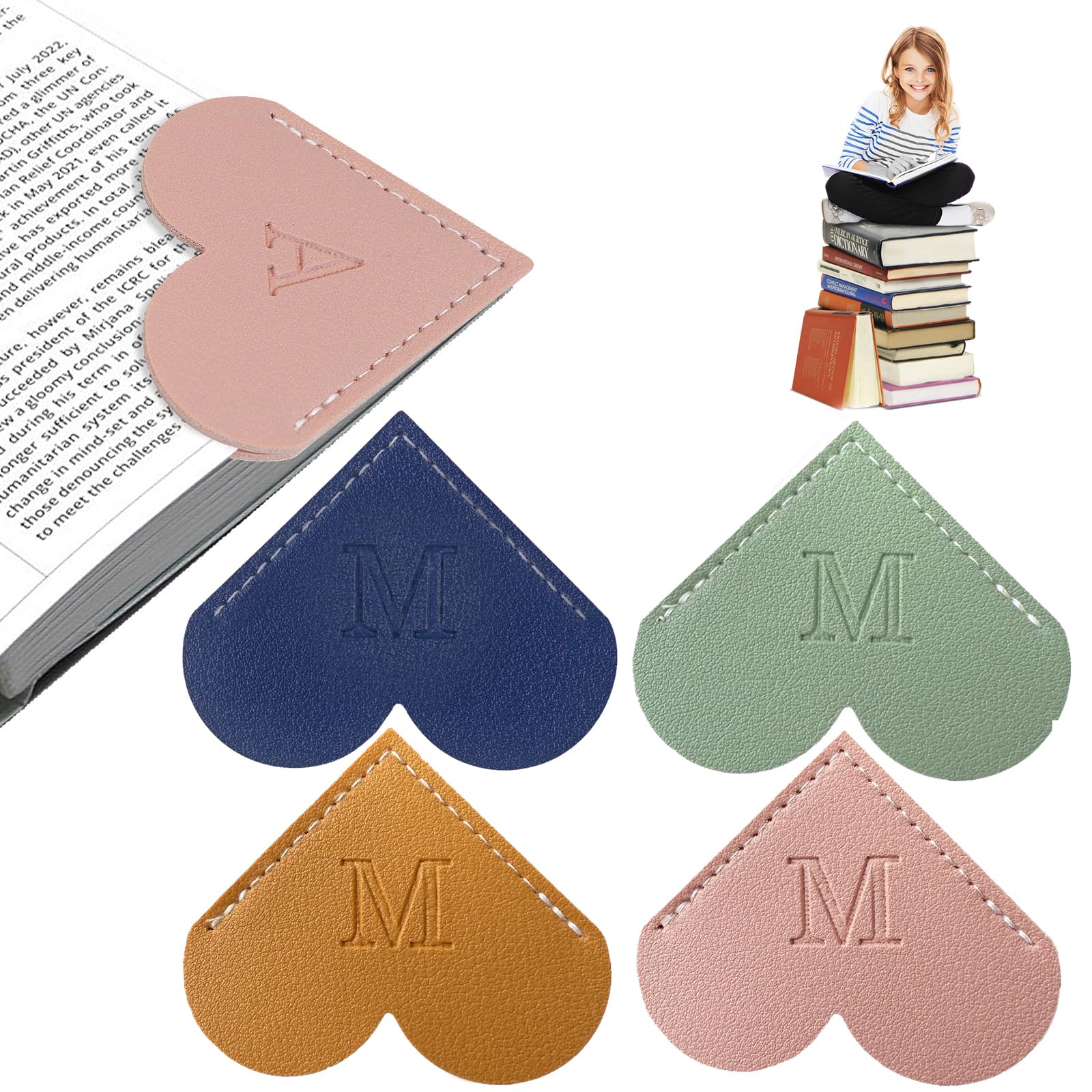 4Pcs Personalized Leather Heart Bookmark With Initial, 26 Letters Custom Corner Page Book Mark For Reading Women, Book Lovers, Teachers, Students,