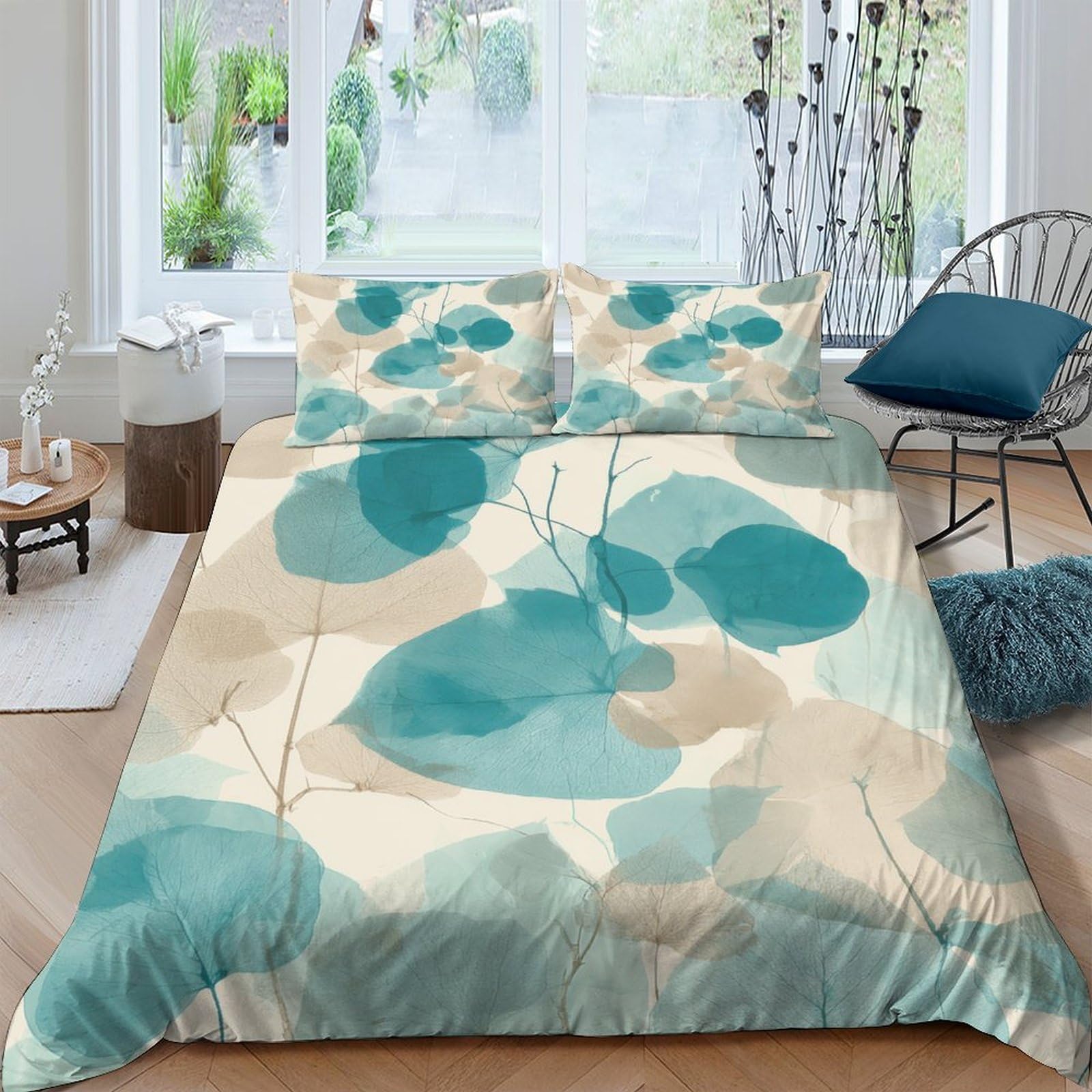 GPLZQXKJNH 3D Printed Teal Watercolor Lotus Duvet Cover Microfiber Soft Bedroom Decor Abstract Bedding Set with 2 Pillowcases Single（135x200cm）