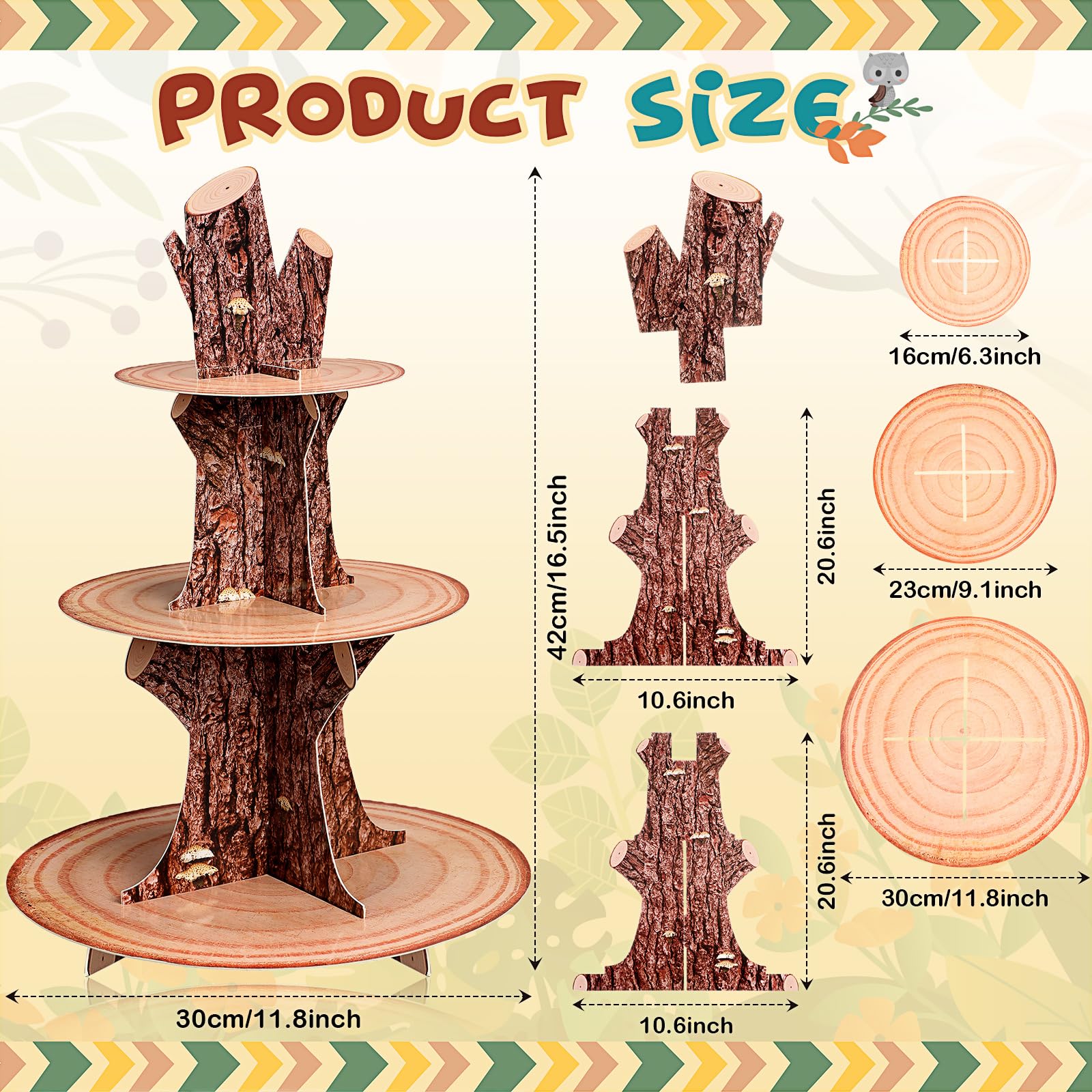 Wood-Grain 3-Tier Cardboard Cupcake Stand/Tower | Wild One, Woodland Animal Baby Shower Decorations, Camp-Fire Party Supplies, Lumberjack Theme Birthday Decor, Western Cowboy/Cowgirl Birthday Parties - View #9