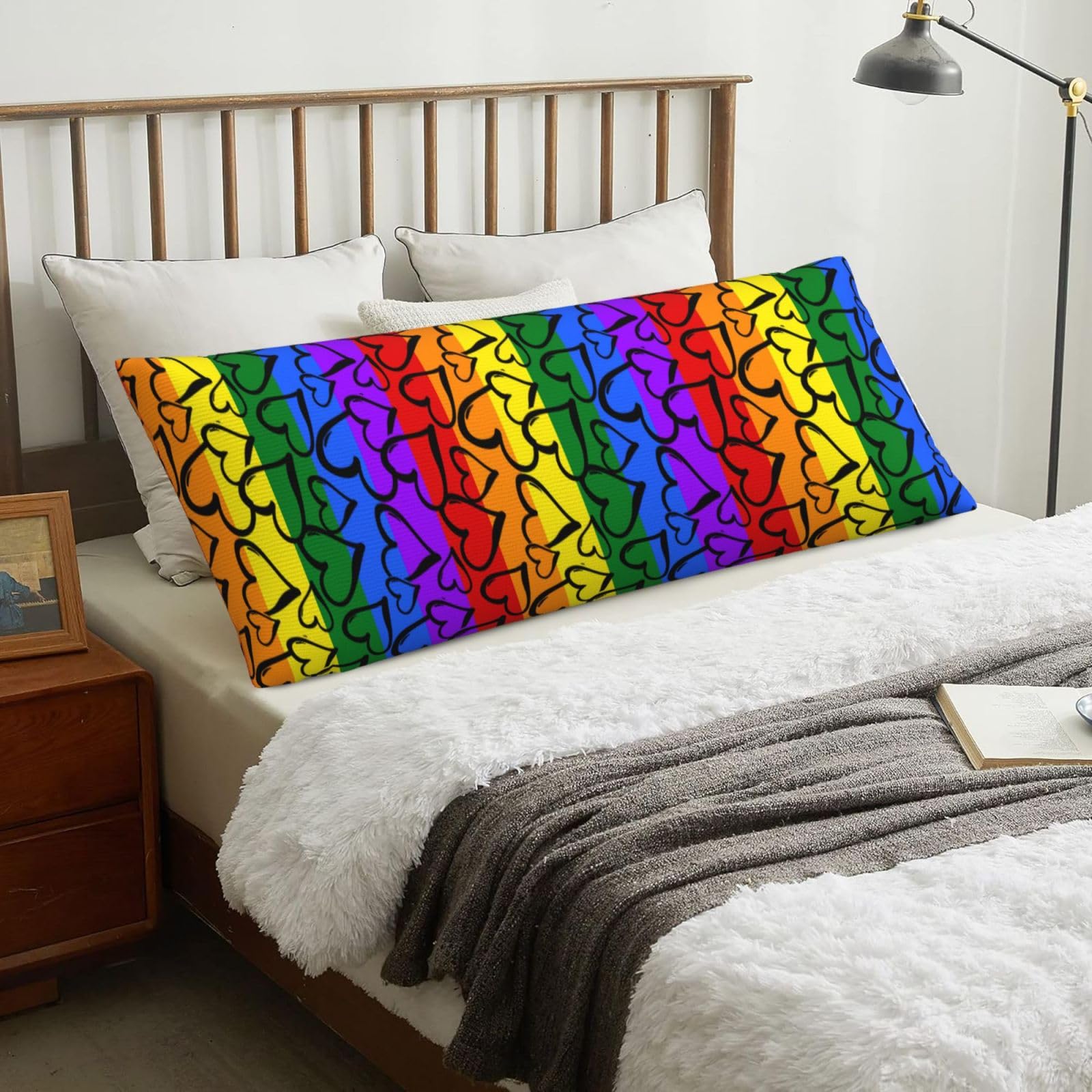 Gay Pride Rainbow Colored Hearts, Body Pillow Cover with Zipper,Long Body Pillowcase 20 x 60 in