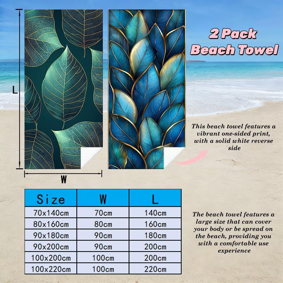 Strandtuch XXL 100x220 cm, Mikrofaser Handtuch 2er Set, Sandfrei Strandtuch, Schnelltrocknend Sporthandtuch Fitnessstudio, Saunatuch Damen Herren Badetuch Groß, Strandhandtuch für Strand (Blatt) -4022
