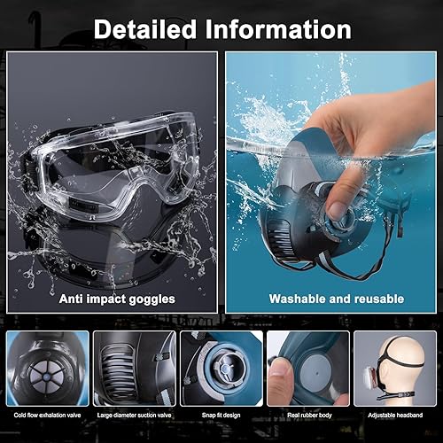 Miniatura 5 de Máscara respiradora de media cara con filtros, máscara de gas reutilizable con gafas antivaho, contra el polvovapor orgánicoproductos químicos,