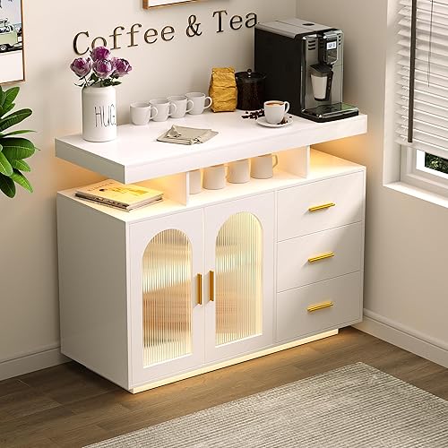 HWB Sideboard Buffet Cabinet with Storage with 3 Drawers and 2 Doors, Auto-Sensor 20 Color Lights Console Table with Charging Station,Touch Control Console Coffee Bar Table for Kitchen,Dinning(White)
