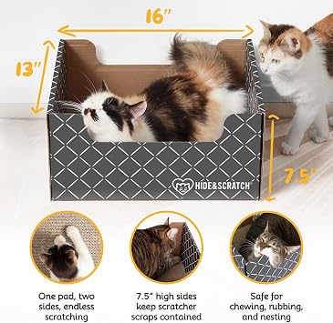 Hide & Scratch Cardboard Cat Scratcher Box & Bed - Dark Grey Diamond | Double-Sided Corrugated Pad for Indoor Cats | Refillable Scratching Board Toy for Play & Furniture Protection