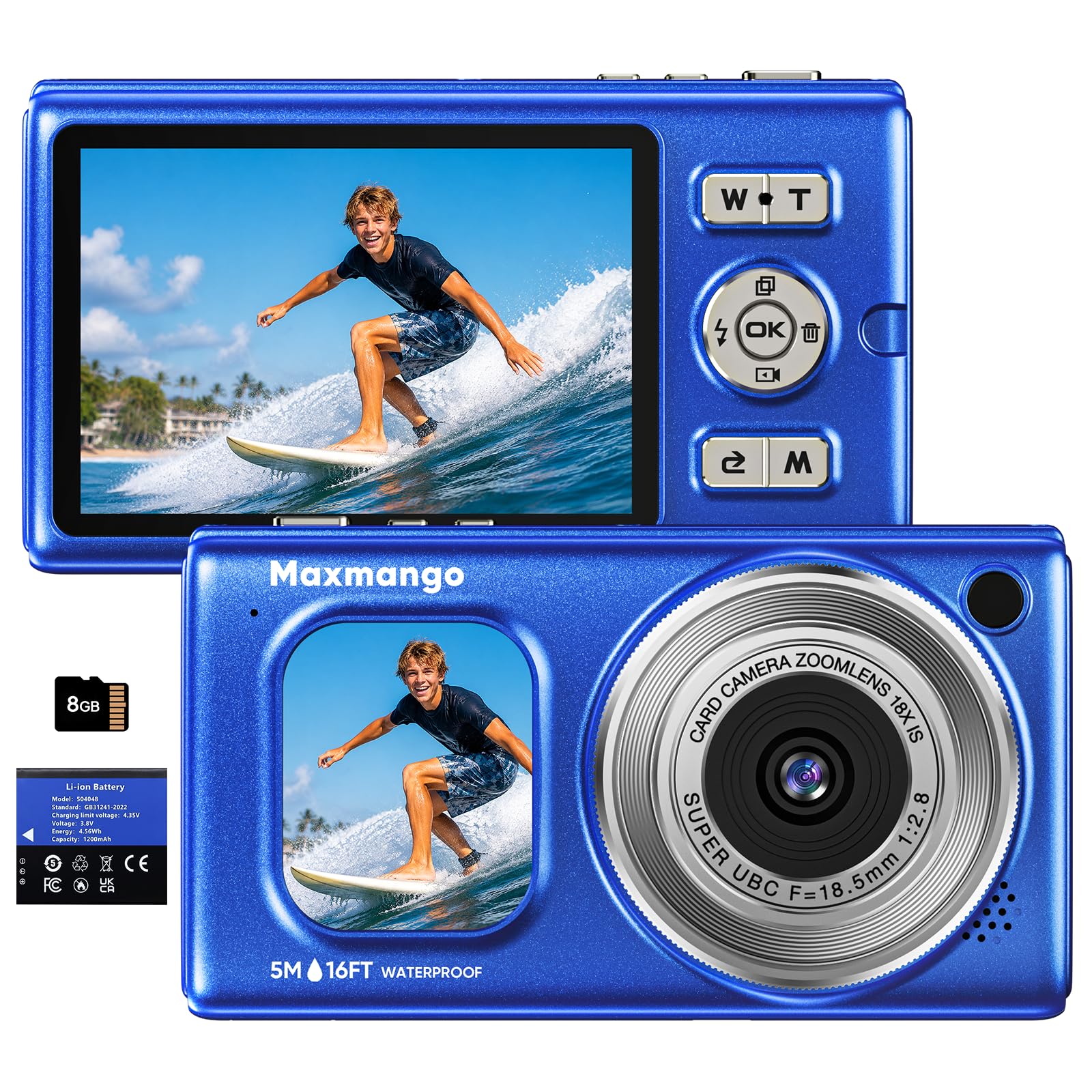 16FT Cámara Subacuática Impermeable 4K 48MP con Batería Extraíble 1500mAh | Maxmango D71 Cámara Digital con Doble Pantalla, Zoom 18X, Autofocus, Diseño Flotante para Snorkel, Surf y Natación, Azul(8GB)