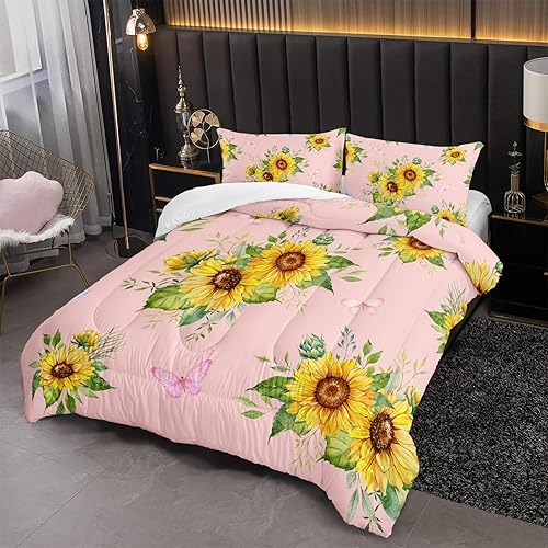 Miniatura 4 de Nttopship Juego de edredón rosa con girasol, tamaño matrimonial para mujeres adultas, juego de ropa de cama floral de mariposa de 3 piezas,