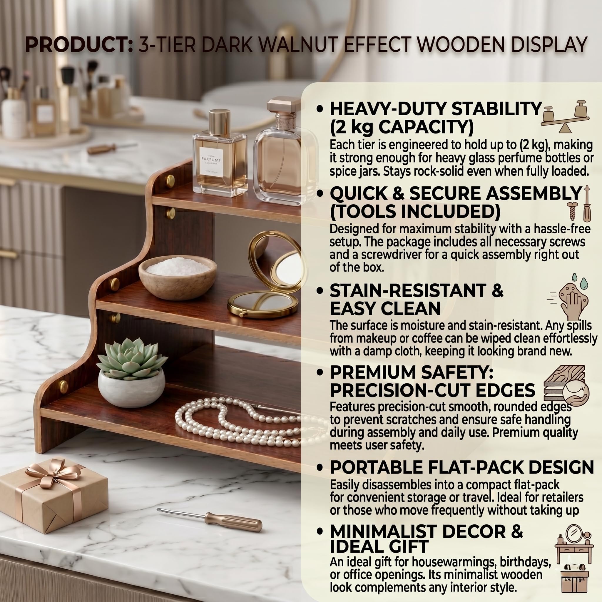 Privla 3 Tier Wooden Organizer Shelf | Multipurpose Countertop Storage | Kitchen Organizer, Bathroom Shelf, Makeup Stand, Marble Finish Engineered Wood | DIY Assemble Tool Kit Included (Pack of 1) 3