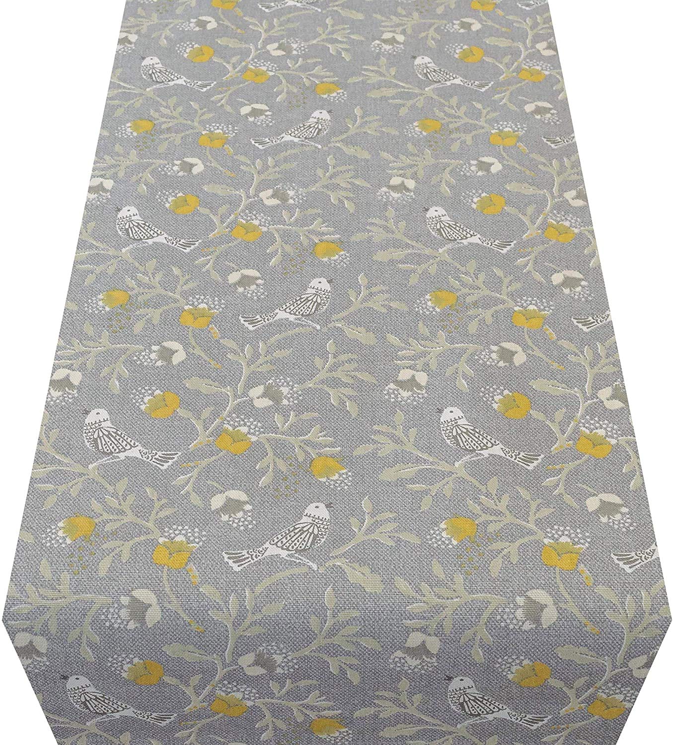 Dainty Songbird Table Runner. Delicate Stone Grey with Ochre Yellow Detail. Birds and Floral Leaf design. Two Sizes. (30cm 180cm)